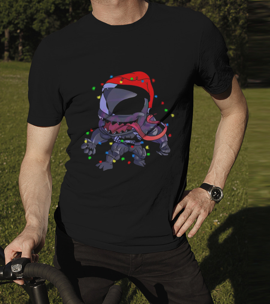 Venom Spiderman Marvel Christmas Lights Santa Hat T-Shirt