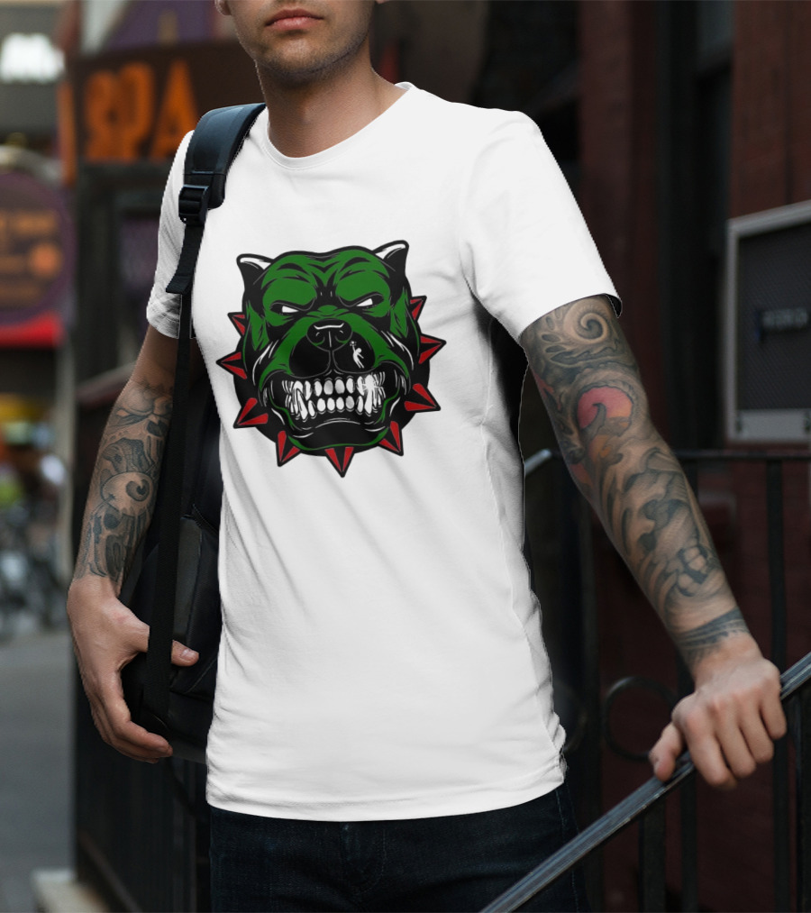 Angry Pitbull With Green Face And Red Spiked Collar Merry Christmas T-Shirt