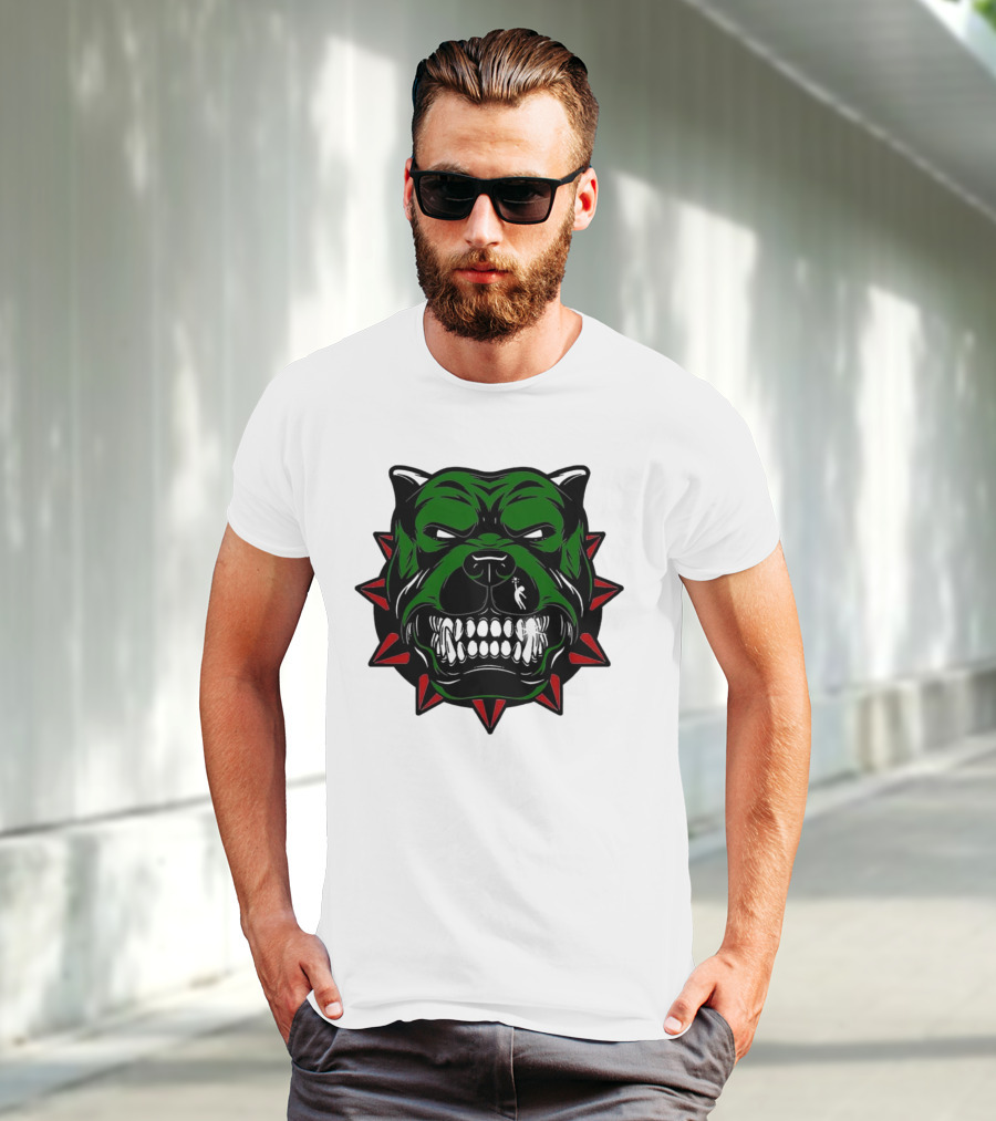 Angry Pitbull With Green Face And Red Spiked Collar Merry Christmas T-Shirt