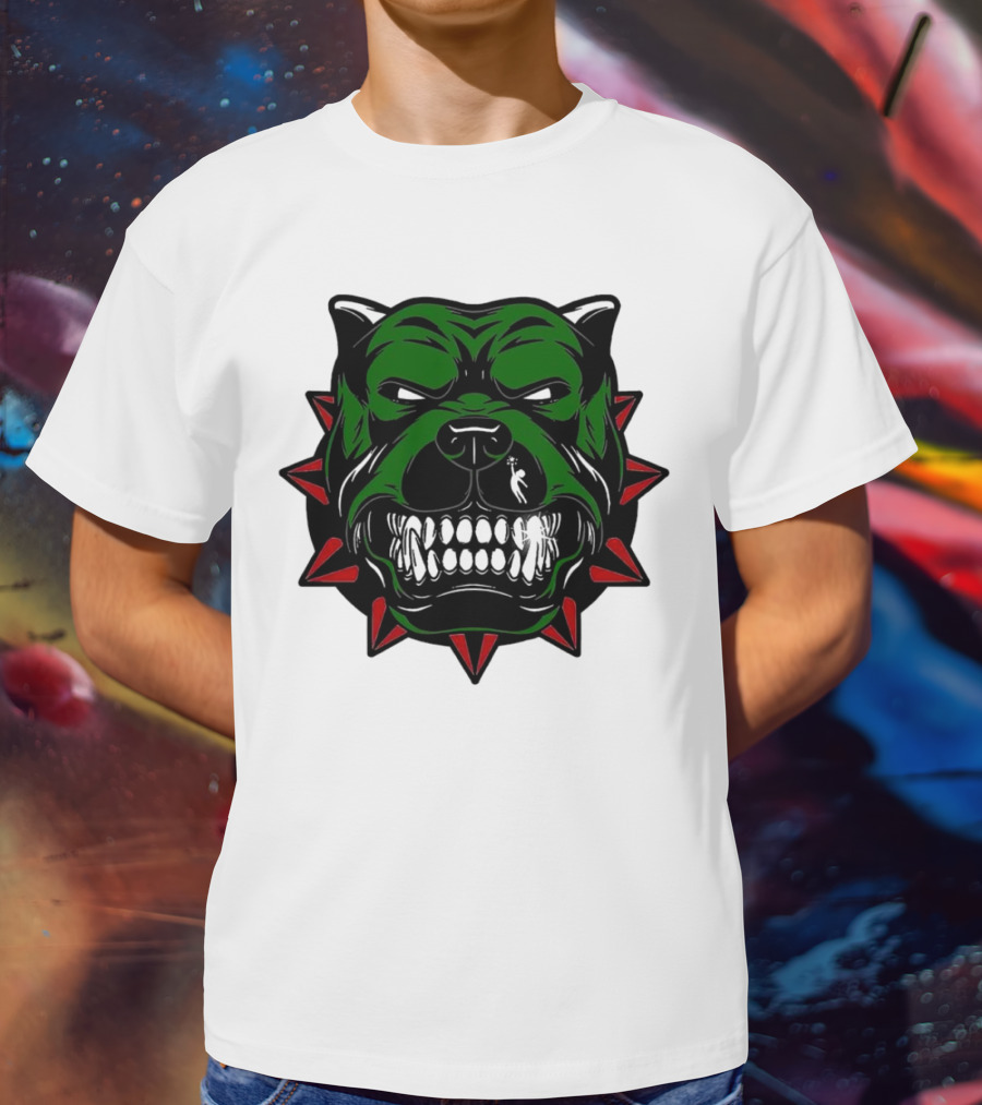 Angry Pitbull With Green Face And Red Spiked Collar Merry Christmas T-Shirt