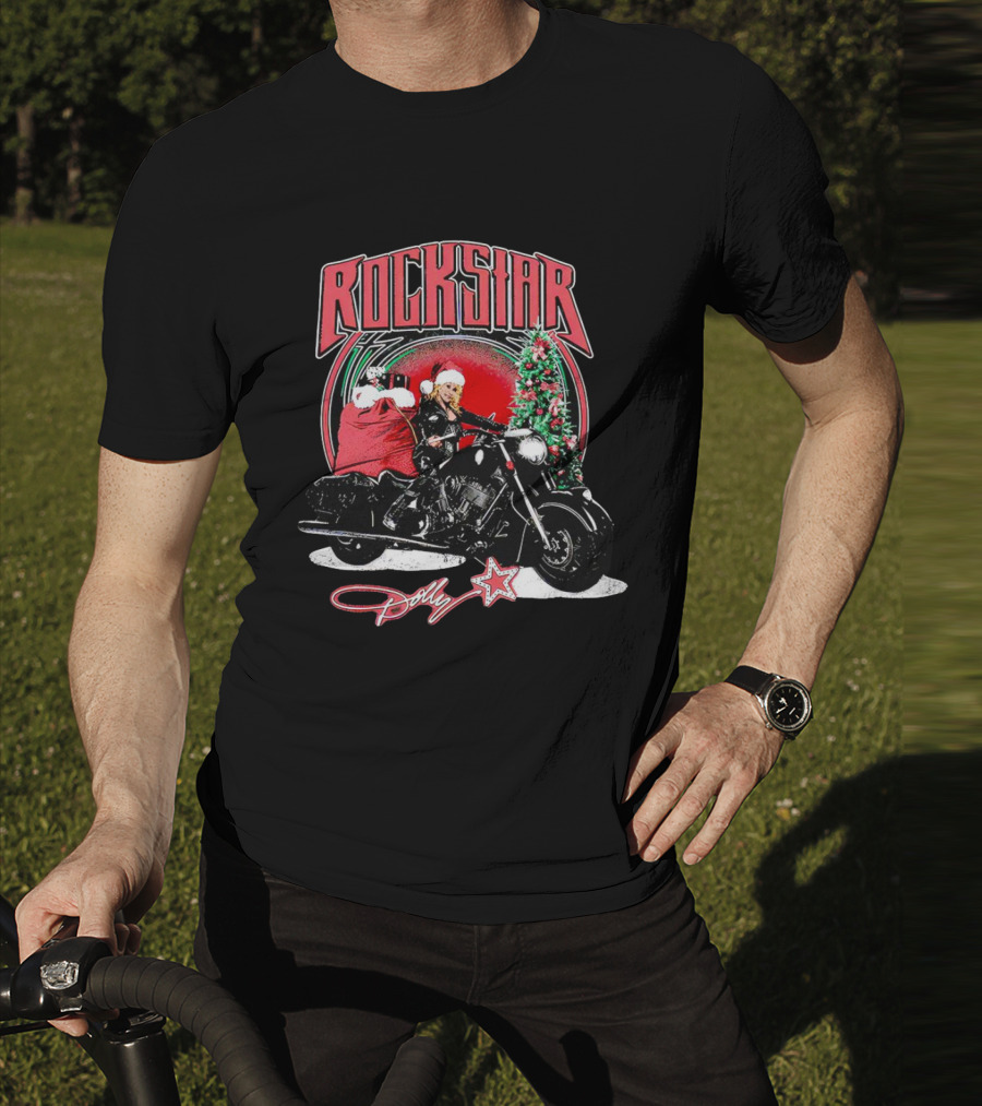 Rockstar Dolly Christmas Motorcycle Santa Holiday T-Shirt
