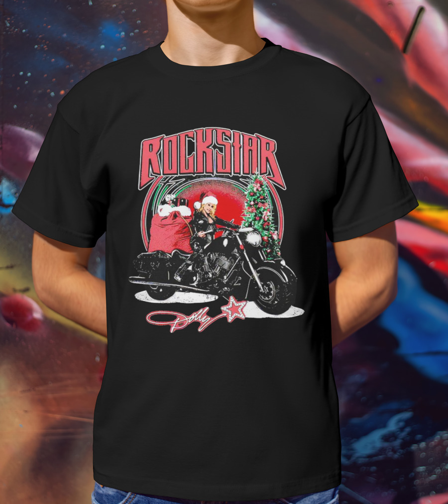Rockstar Dolly Christmas Motorcycle Santa Holiday T-Shirt