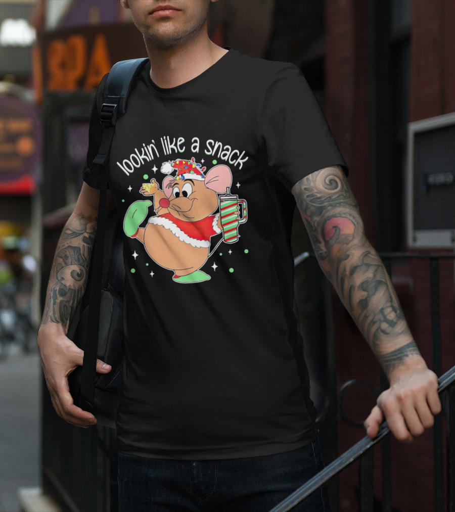 Lookin' Like A Snack Santa Mouse Holding Cheese And Peppermint Drink T-Shirt