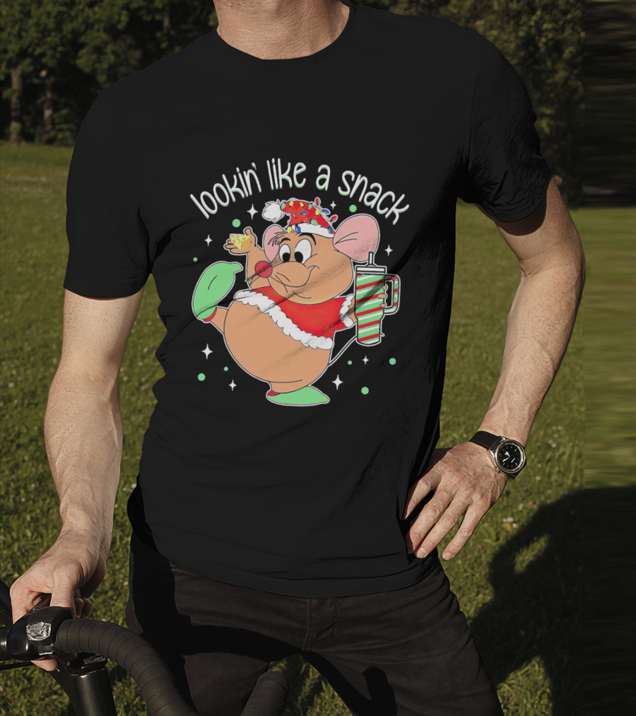 Lookin' Like A Snack Santa Mouse Holding Cheese And Peppermint Drink T-Shirt