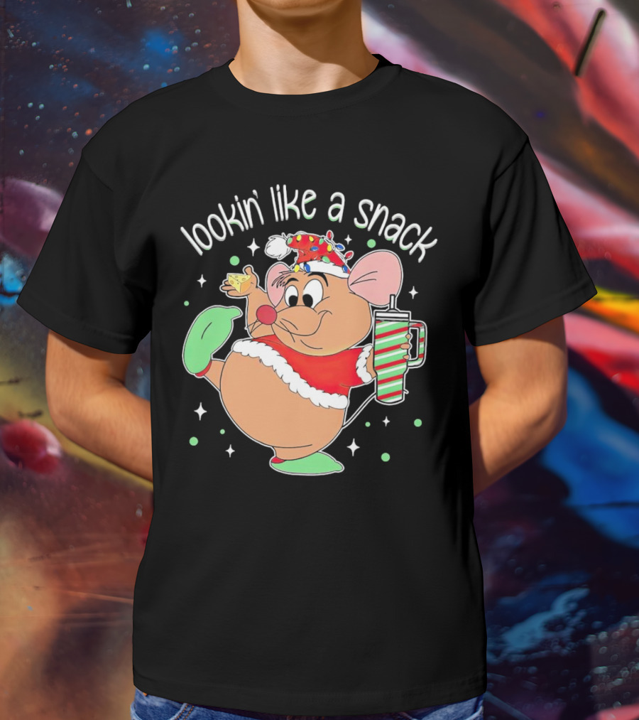 Lookin' Like A Snack Santa Mouse Holding Cheese And Peppermint Drink T-Shirt