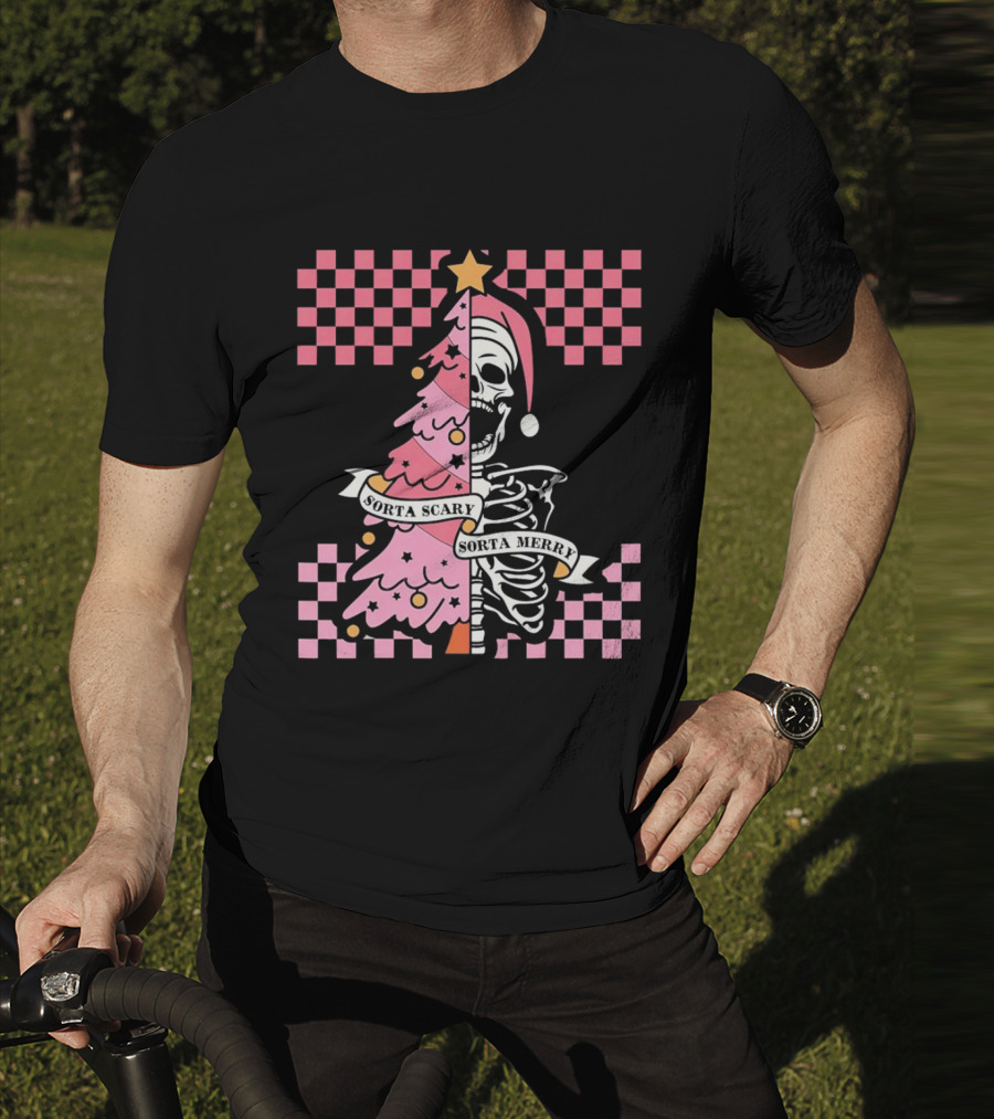 Skeleton Sorta Scary Sorta Merry Christmas Tree Split T-Shirt
