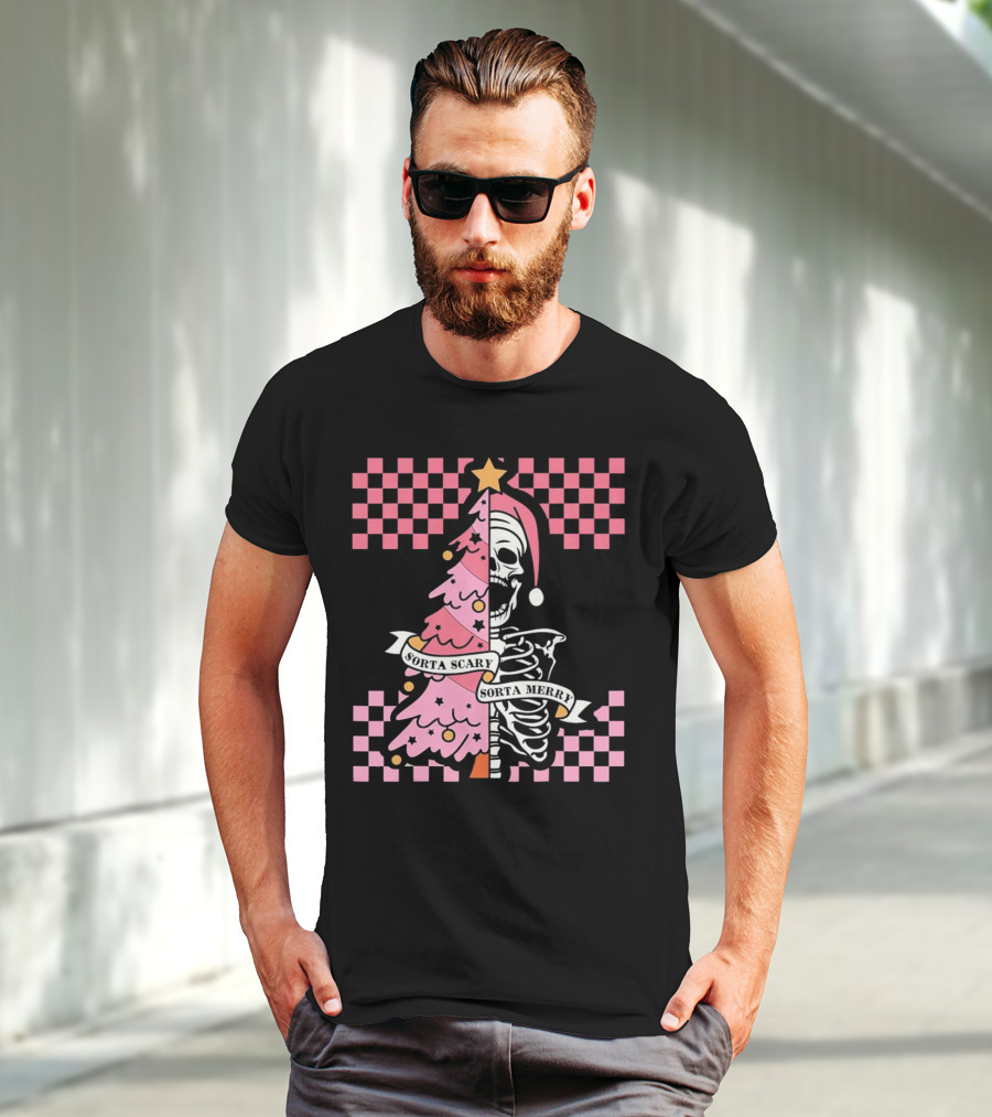 Skeleton Sorta Scary Sorta Merry Christmas Tree Split T-Shirt