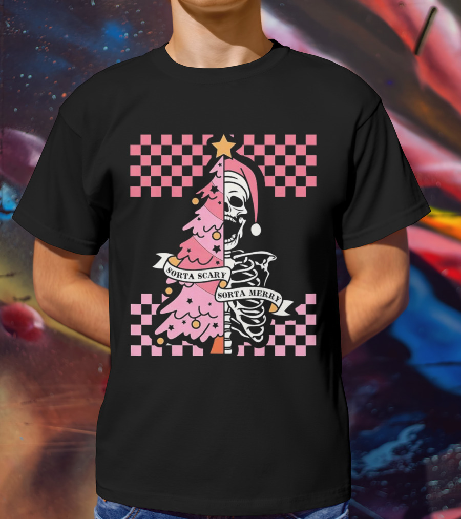 Skeleton Sorta Scary Sorta Merry Christmas Tree Split T-Shirt