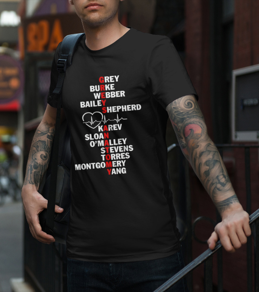 GREYS ANATOMY Grey Burke Webber Bailey Shepherd Karev Sloan O'Malley Stevens Torres Montgomery Yang Heartbeat T-Shirt