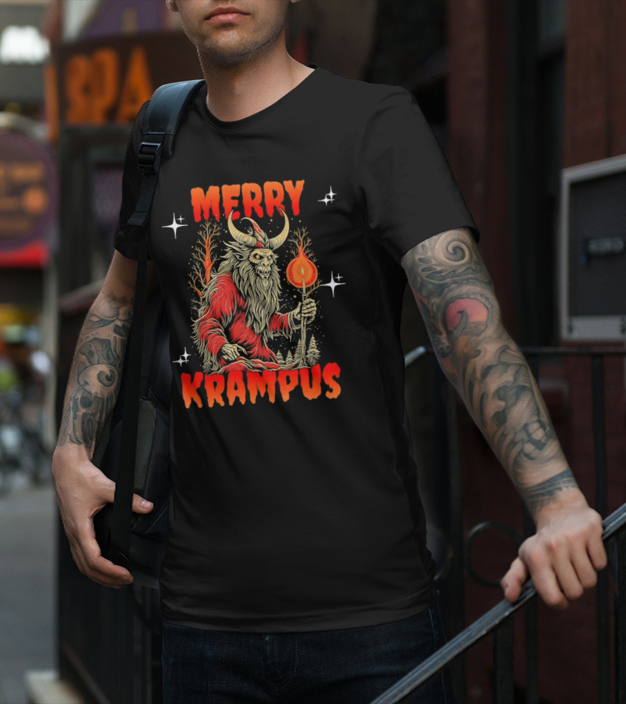 Merry Krampus Horror Christmas Demon With Fiery Torch In Forest Scene T-Shirt