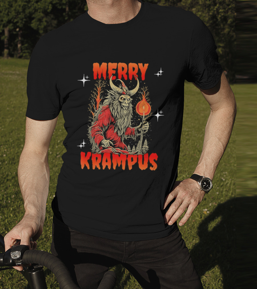 Merry Krampus Horror Christmas Demon With Fiery Torch In Forest Scene T-Shirt