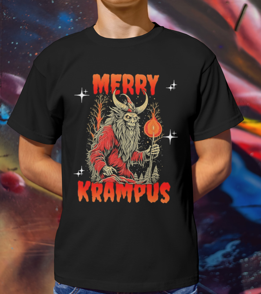 Merry Krampus Horror Christmas Demon With Fiery Torch In Forest Scene T-Shirt