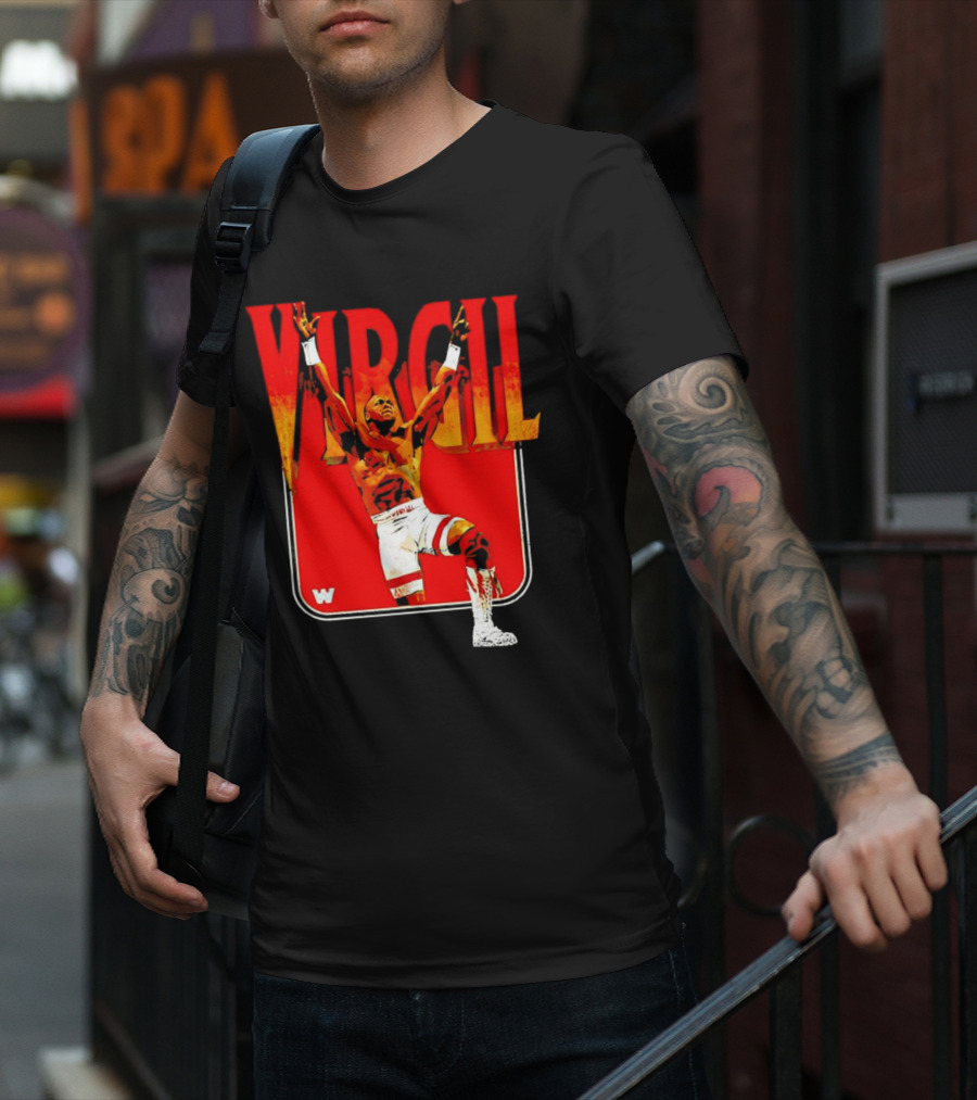 Virgil Wrestling Iconic Pose With Red Background And White Boots T-Shirt