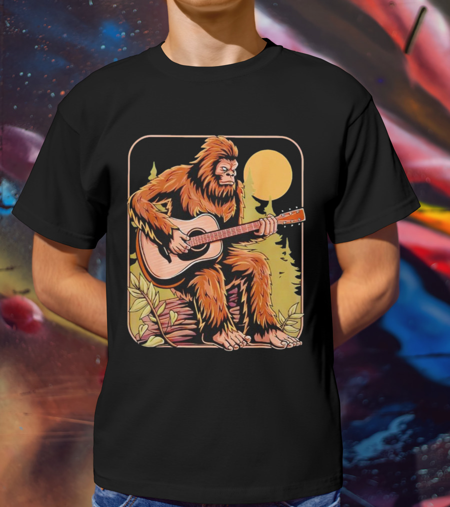 Bigfoot Playing Acoustic Guitar In Forest Scene T-Shirt