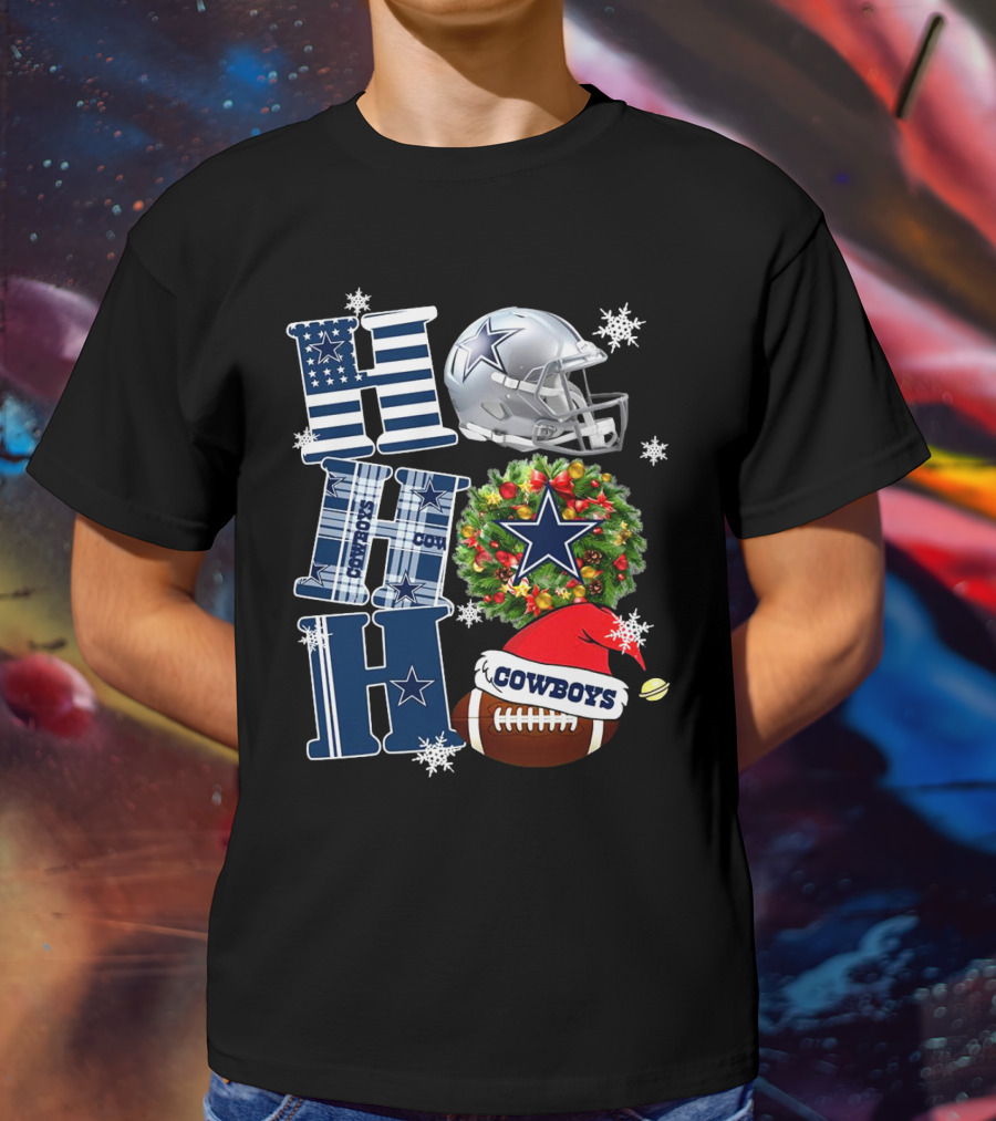 Dallas Cowboys NFL Ho Ho Ho Christmas Football Helmet Wreath Santa Hat T-Shirt