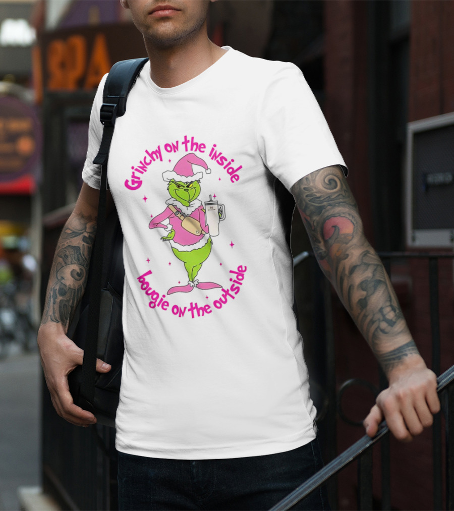 Grinchy On The Inside Bougie On The Outside Pink Hat Coffee Mug Christmas T-Shirt
