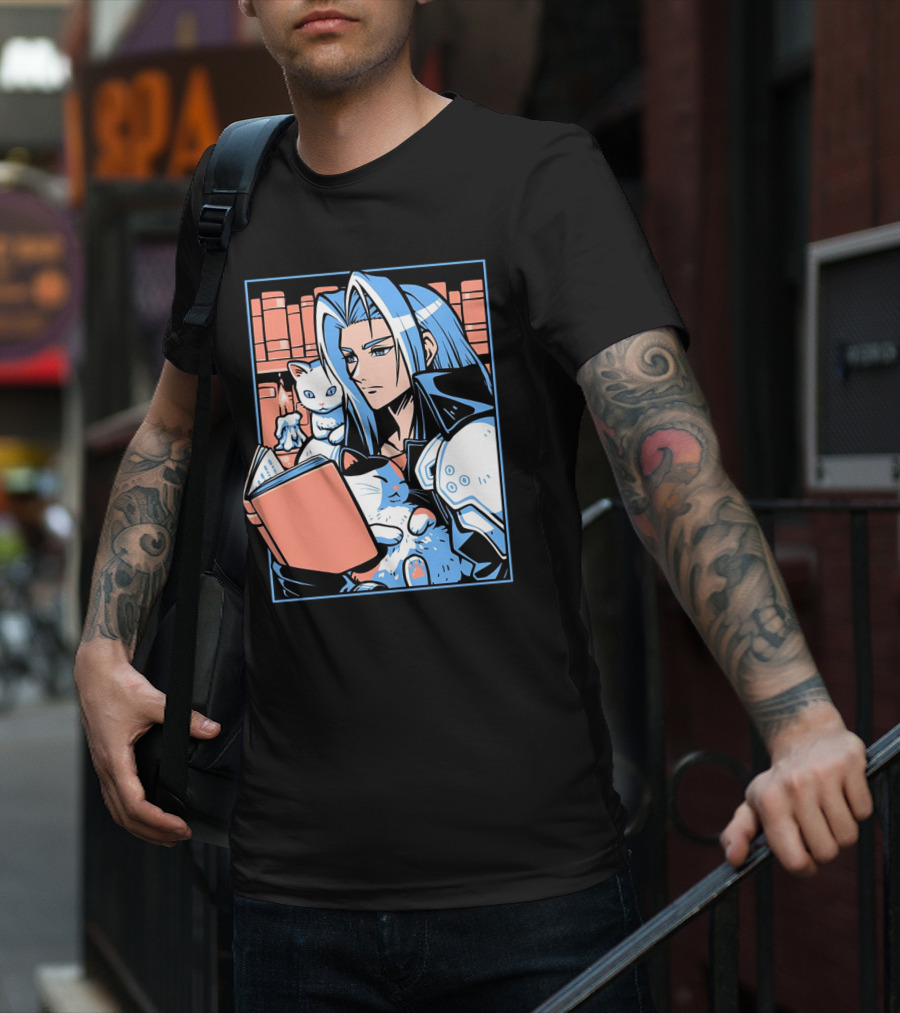 Sephiroth Reading In Basement Library With Cats And Books T-Shirt