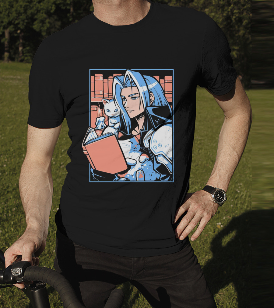 Sephiroth Reading In Basement Library With Cats And Books T-Shirt