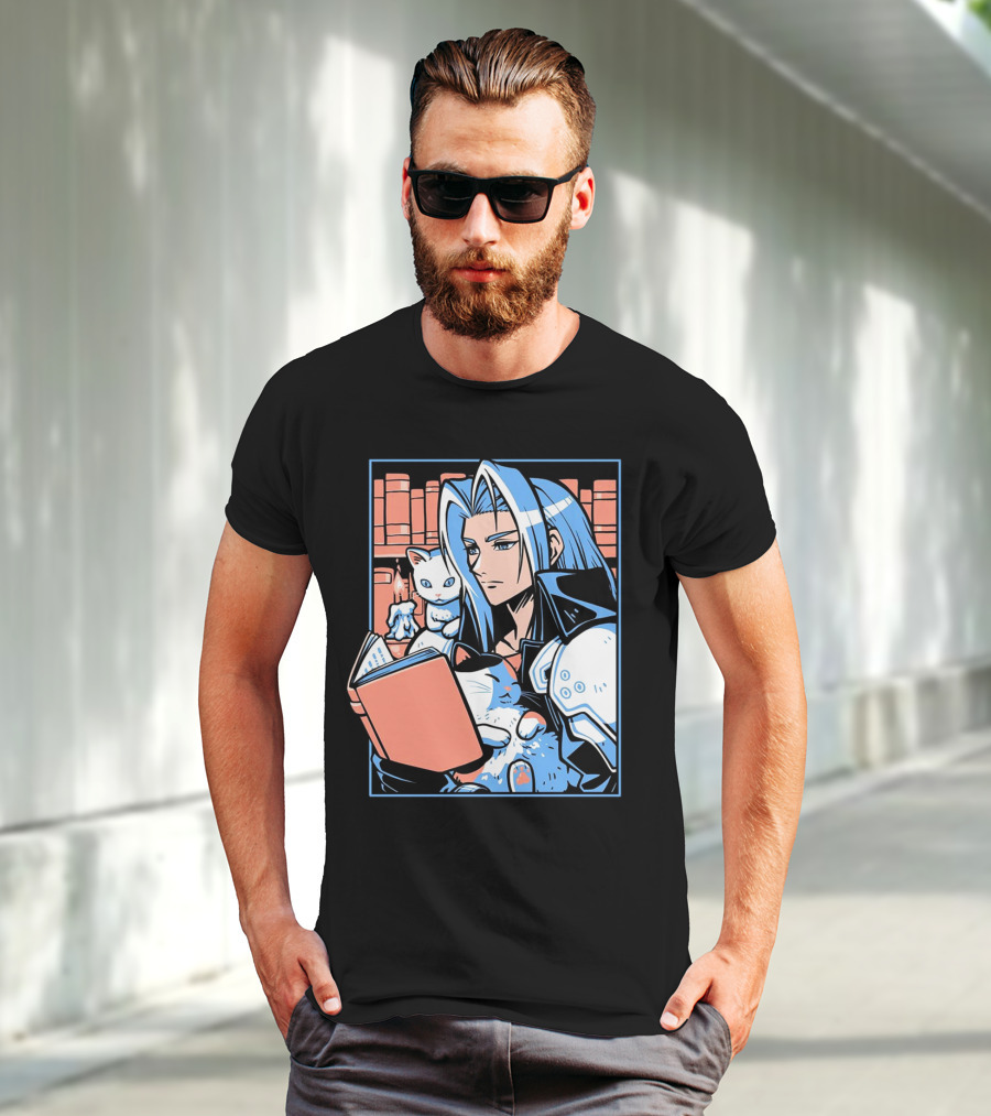 Sephiroth Reading In Basement Library With Cats And Books T-Shirt