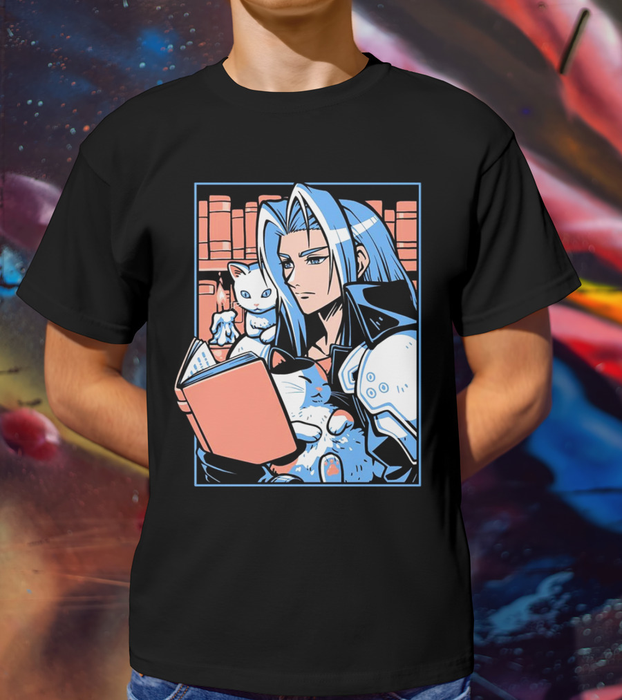 Sephiroth Reading In Basement Library With Cats And Books T-Shirt