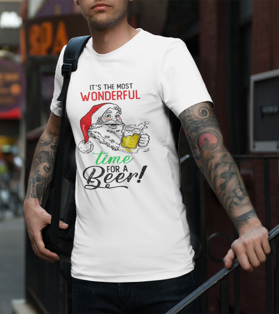 It's The Most Wonderful Time For A Beer Santa Drinking Xmas T-Shirt