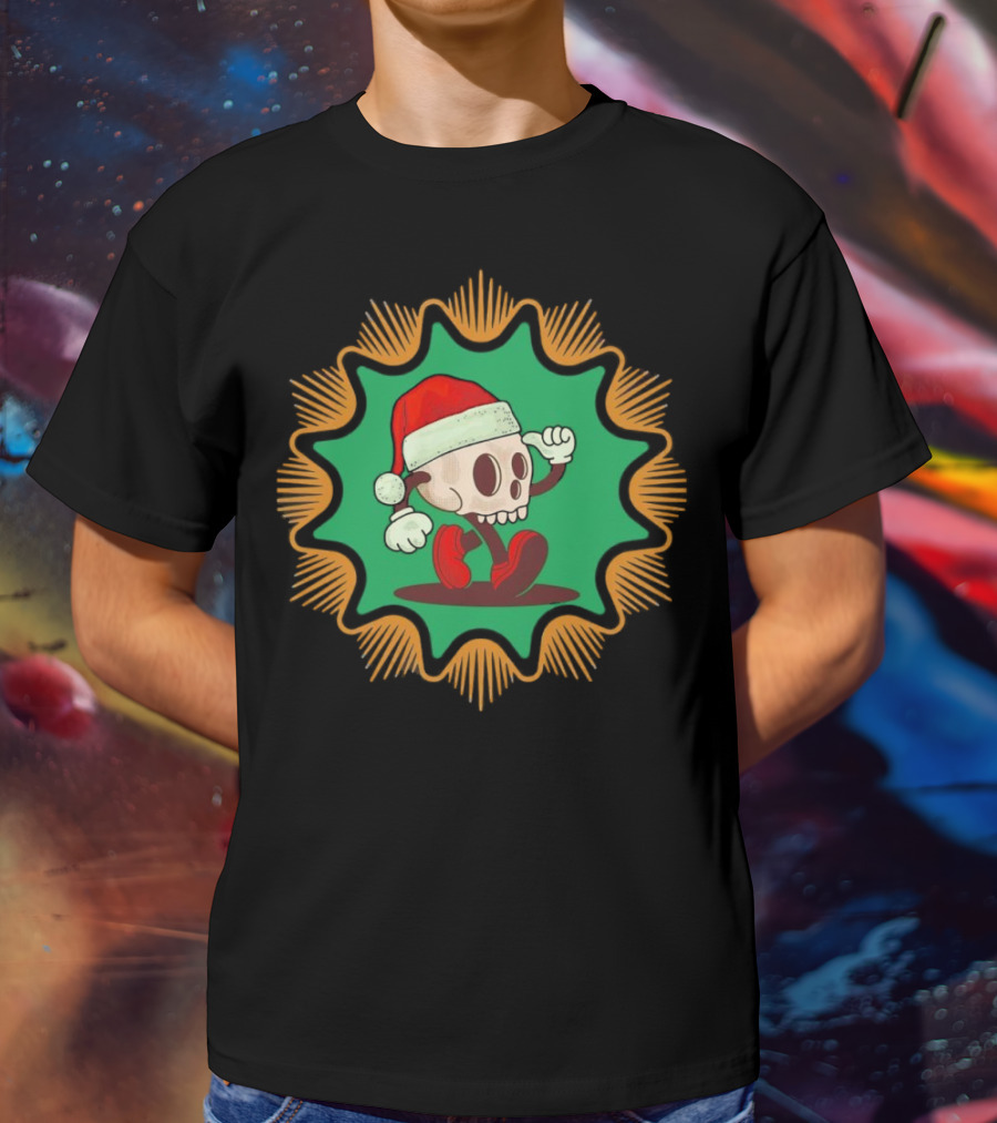 Skull Santa In Vintage Christmas Hat Badge T-Shirt