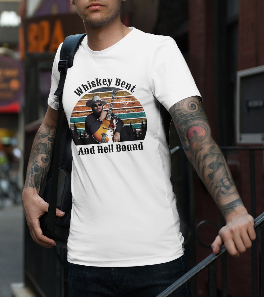 Whiskey Bent And Hell Bound Cowboy With Guitar Retro Sunset T-Shirt