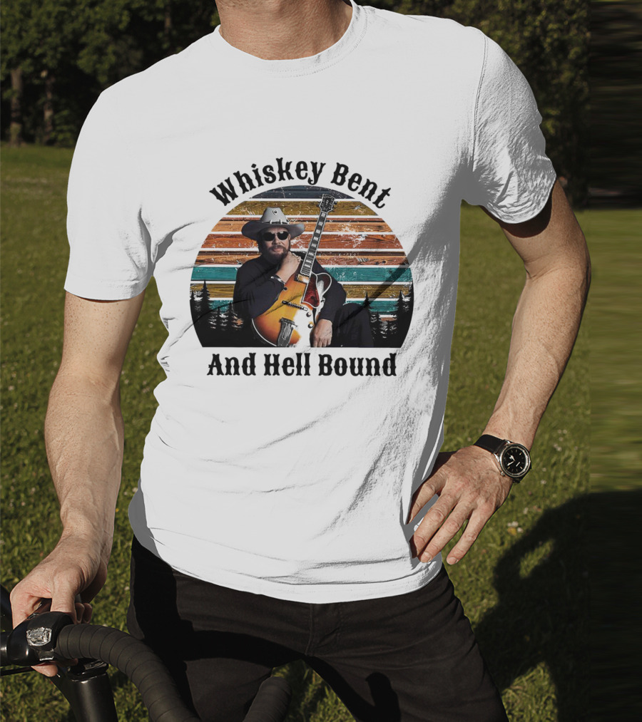 Whiskey Bent And Hell Bound Cowboy With Guitar Retro Sunset T-Shirt