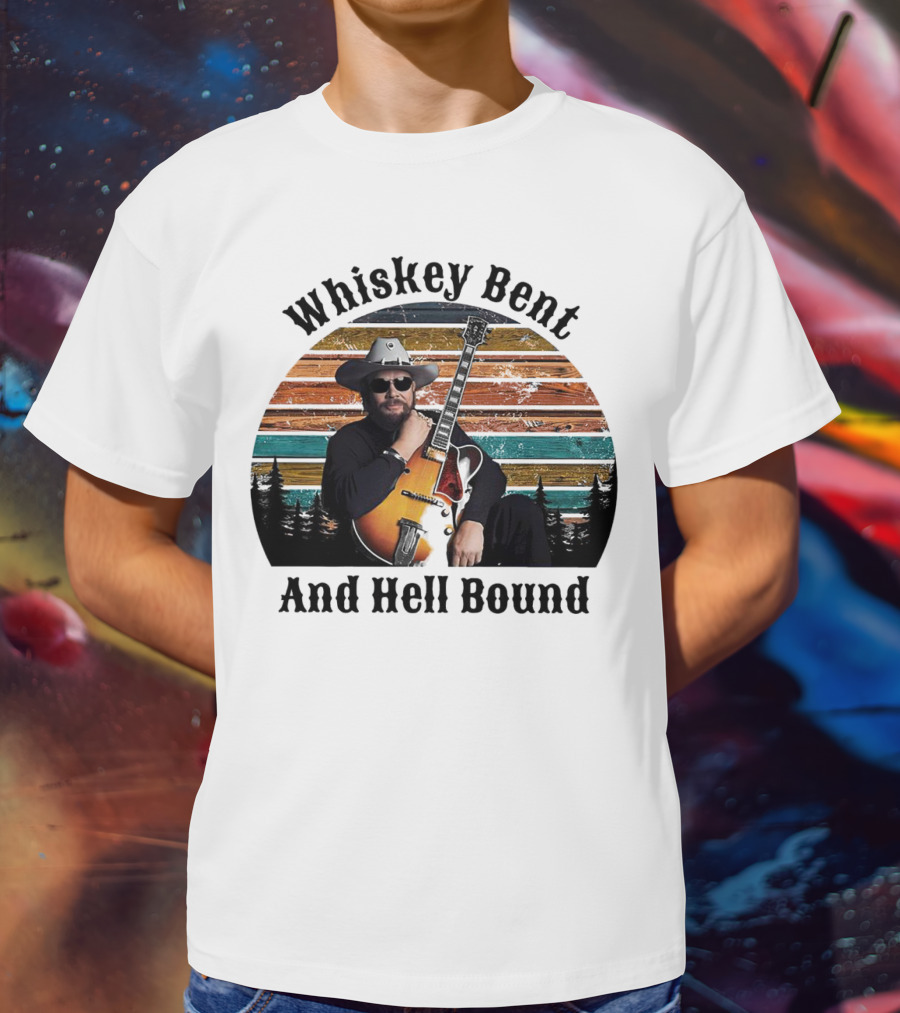 Whiskey Bent And Hell Bound Cowboy With Guitar Retro Sunset T-Shirt