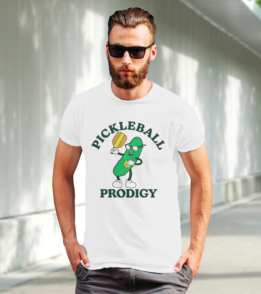 PICKLEBALL PRODIGY FUN PICKLE CHARACTER WITH PADDLE AND SUNGLASSES T-Shirt