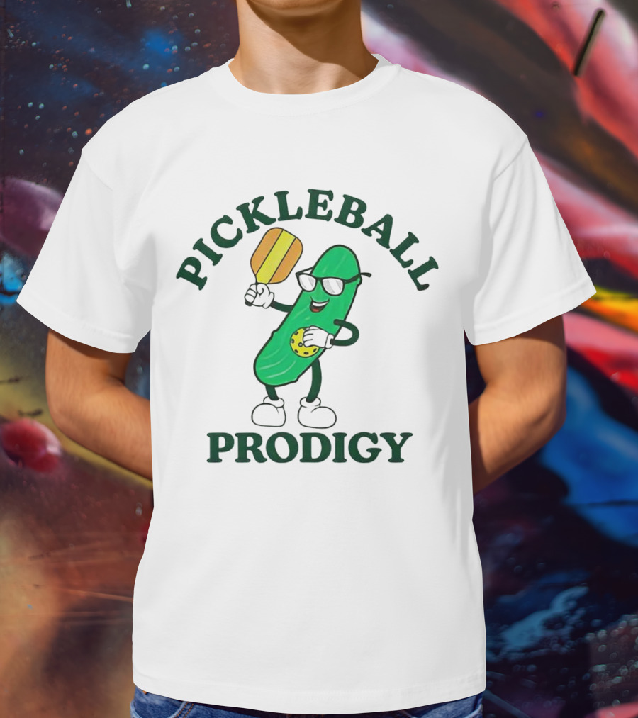 PICKLEBALL PRODIGY FUN PICKLE CHARACTER WITH PADDLE AND SUNGLASSES T-Shirt
