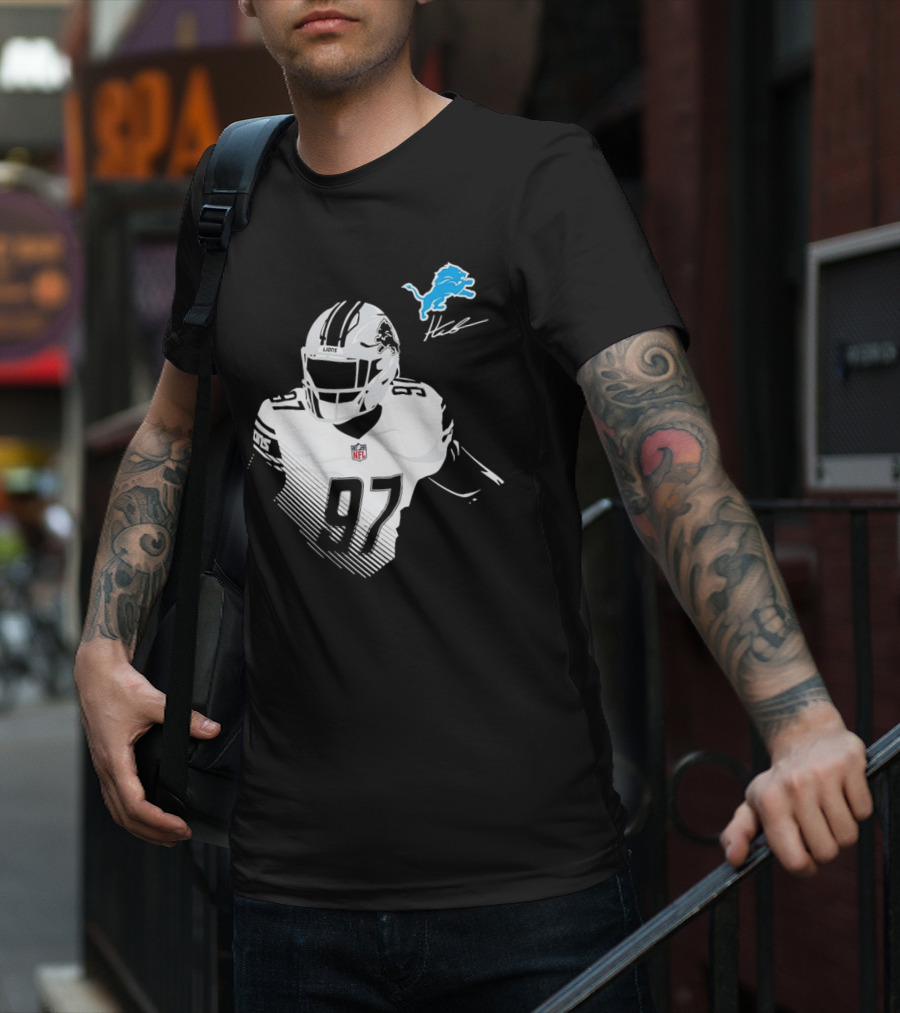 Aidan Hutchinson #97 Detroit Lions NFL Blue Lion Logo Football Player T-Shirt