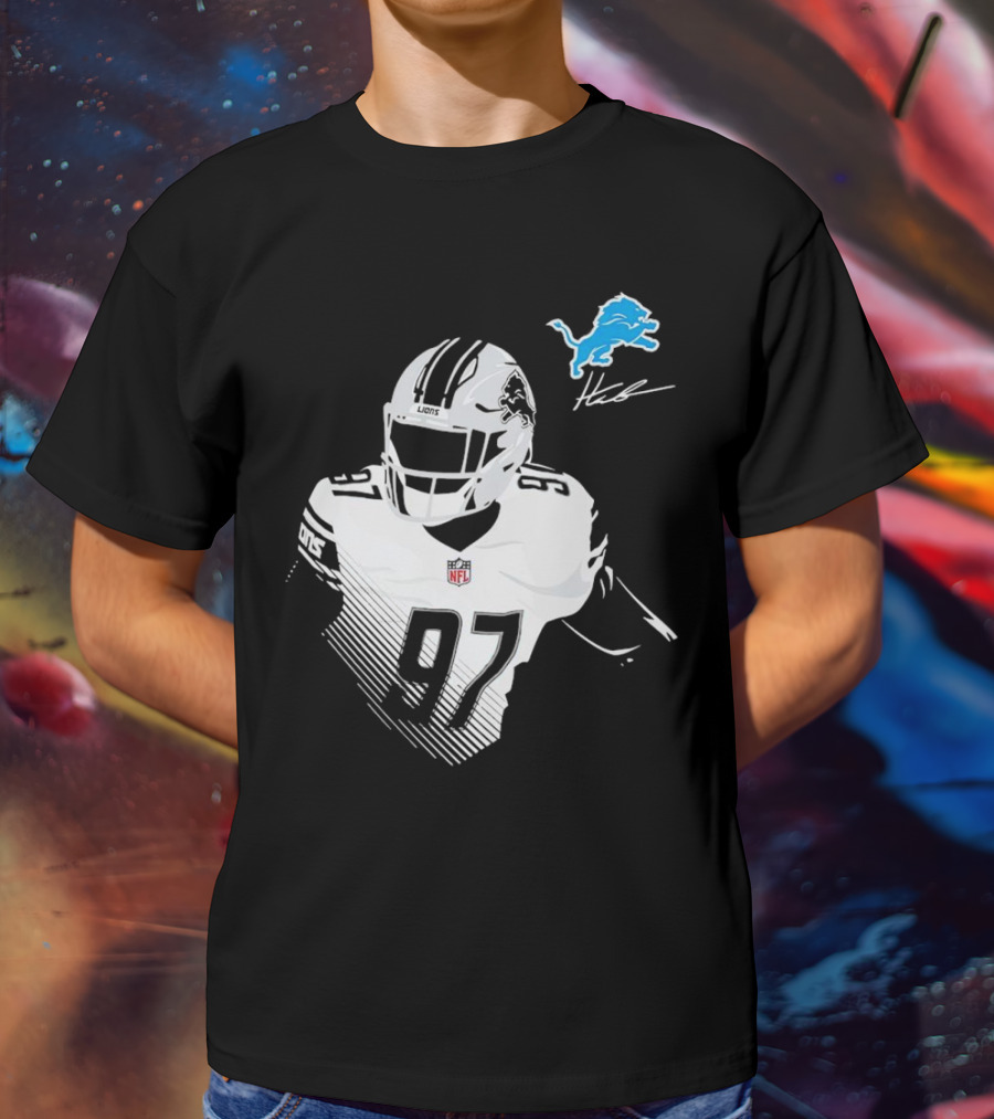 Aidan Hutchinson #97 Detroit Lions NFL Blue Lion Logo Football Player T-Shirt