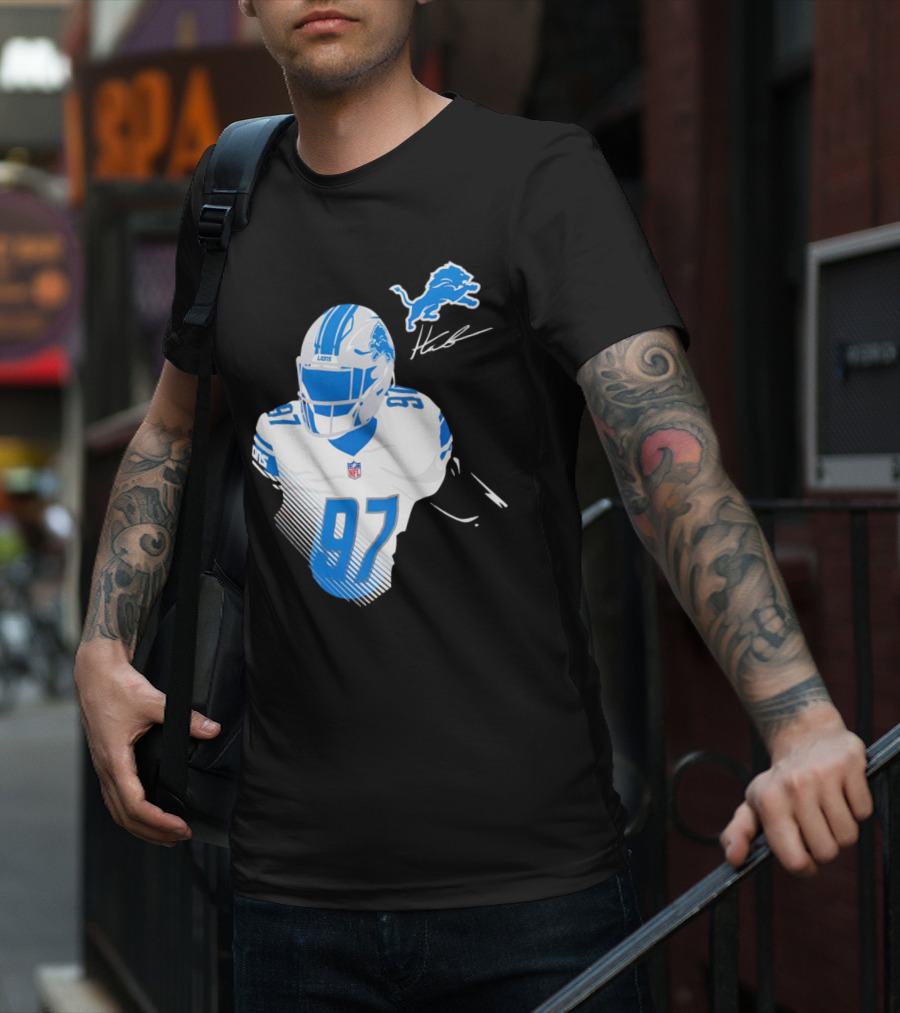 Aidan Hutchinson Detroit Lions Player Signature 97 NFL Logo Lions Helmet T-Shirt