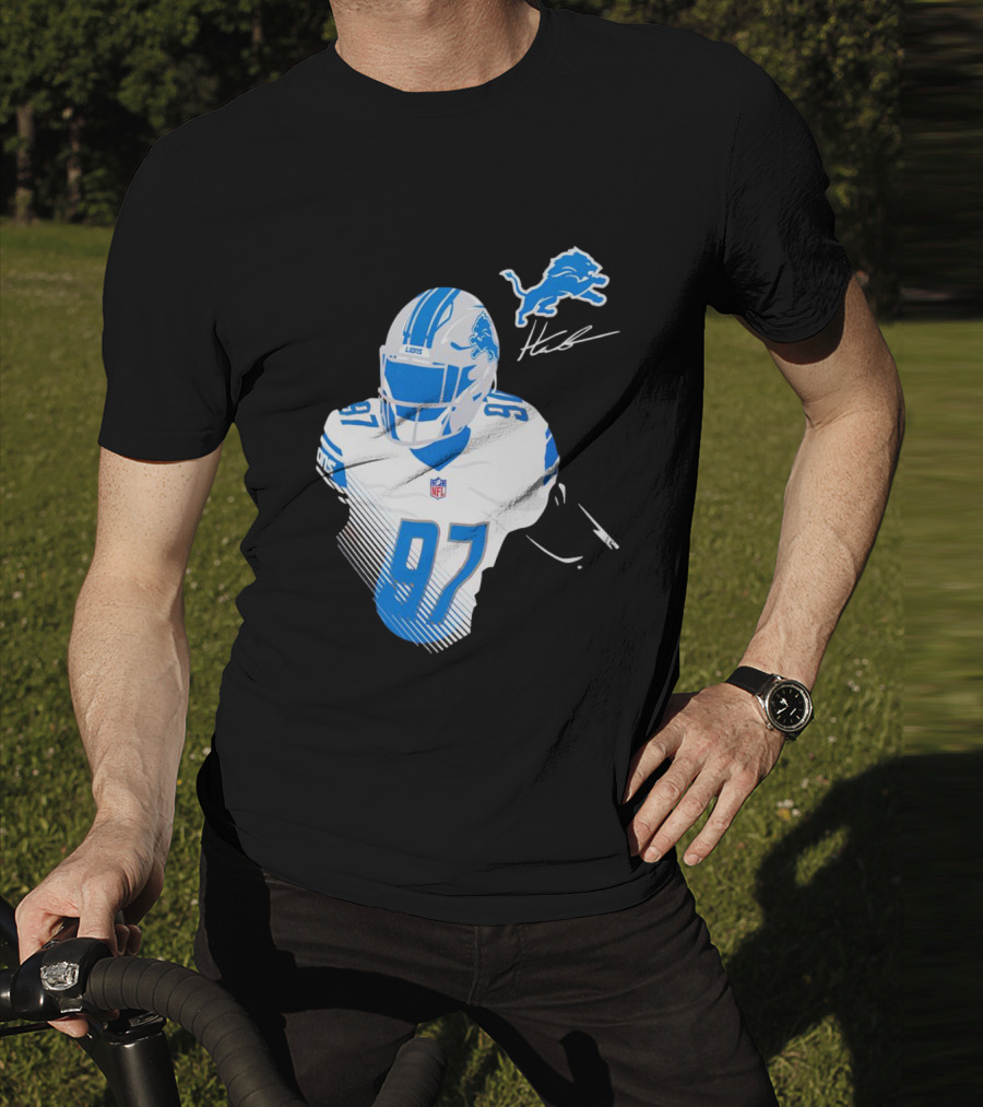 Aidan Hutchinson Detroit Lions Player Signature 97 NFL Logo Lions Helmet T-Shirt