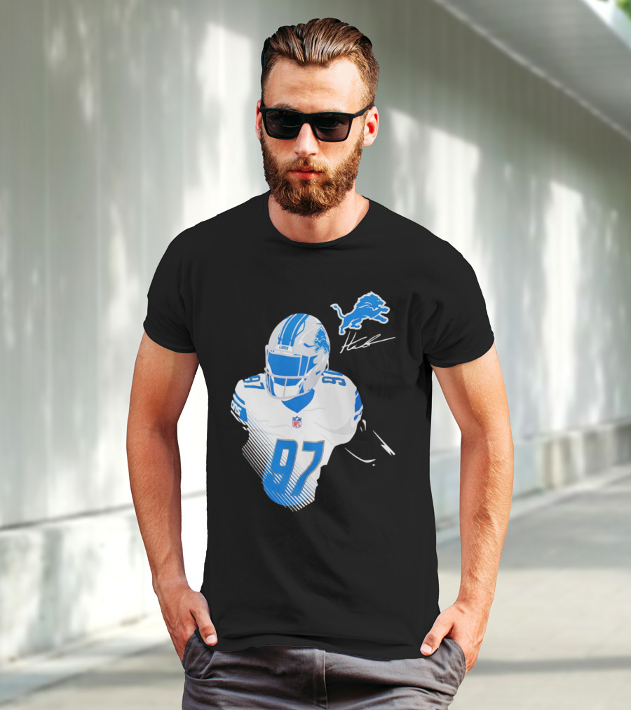 Aidan Hutchinson Detroit Lions Player Signature 97 NFL Logo Lions Helmet T-Shirt