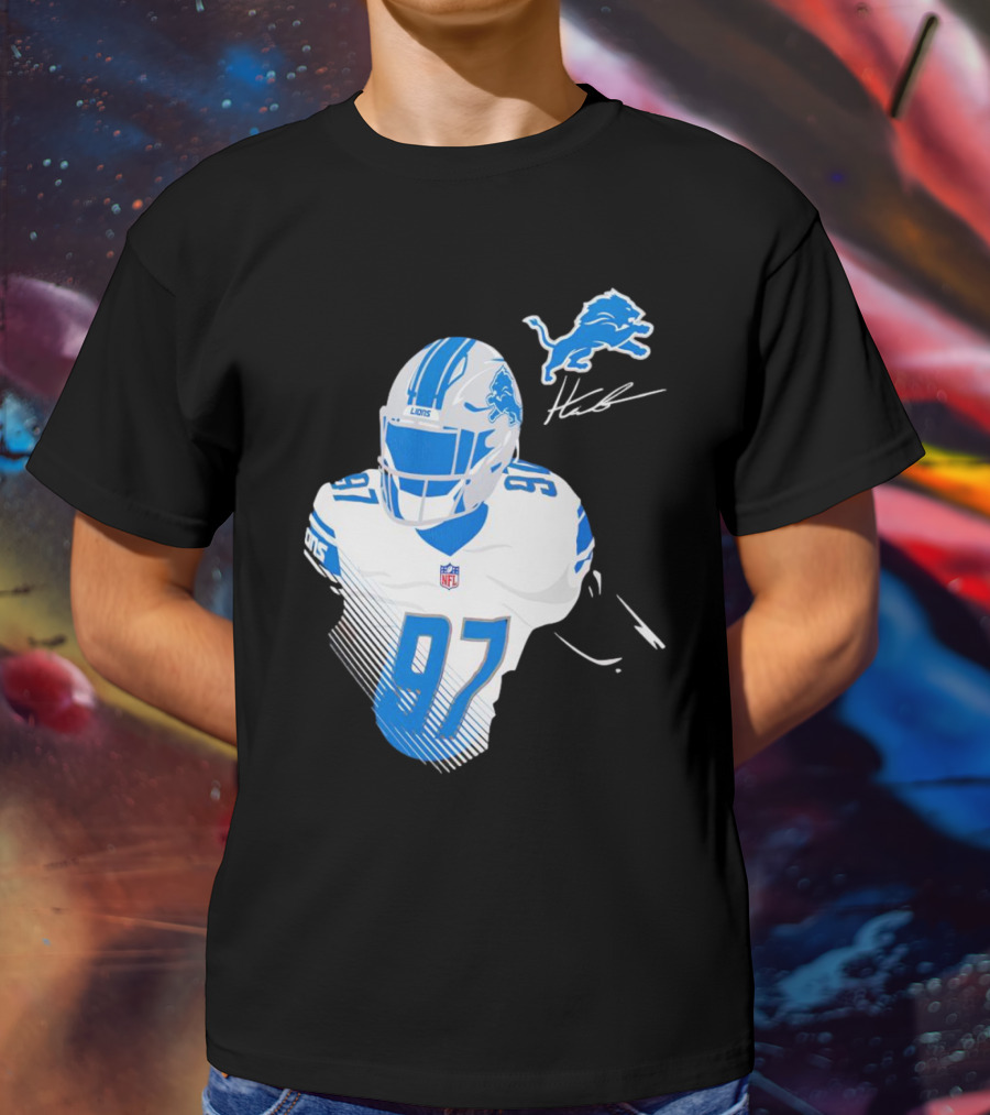 Aidan Hutchinson Detroit Lions Player Signature 97 NFL Logo Lions Helmet T-Shirt