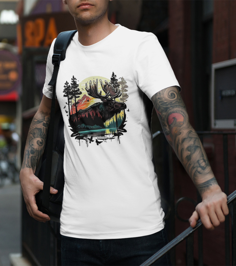 Moose In The Forest With Sunset And Mountain Landscape T-Shirt