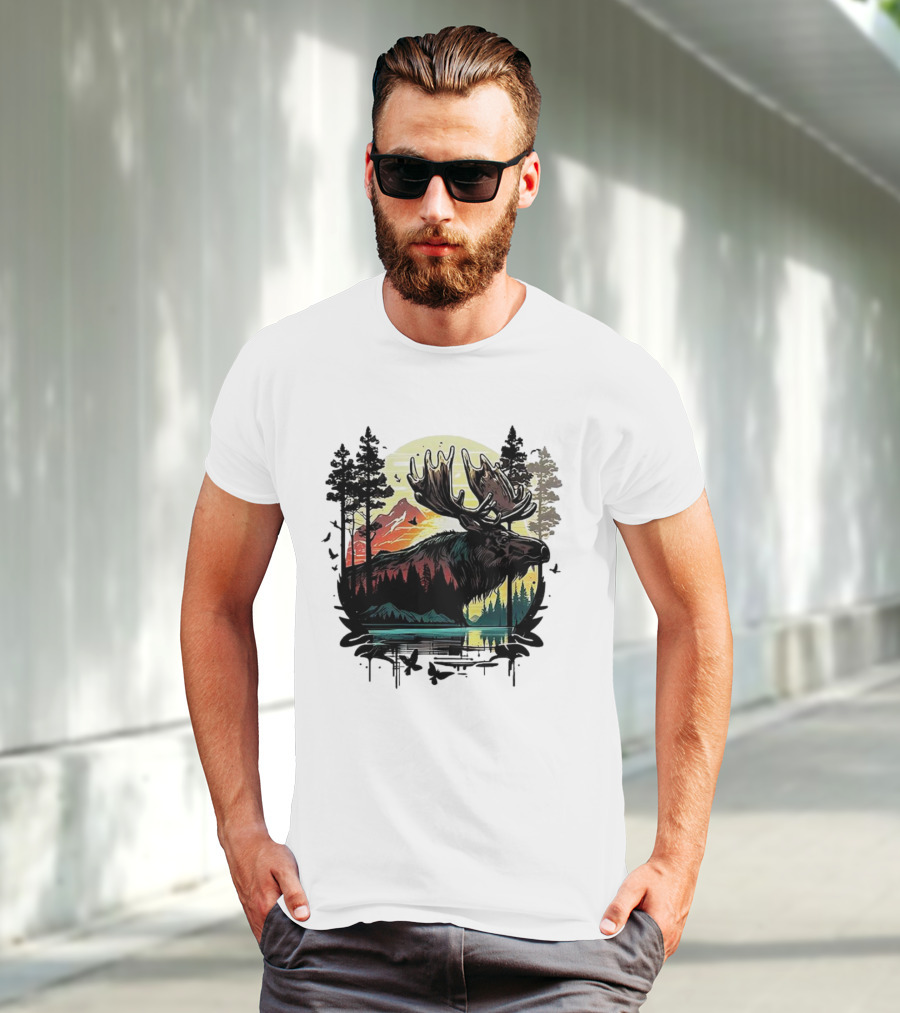 Moose In The Forest With Sunset And Mountain Landscape T-Shirt