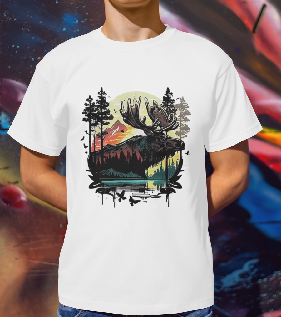Moose In The Forest With Sunset And Mountain Landscape T-Shirt