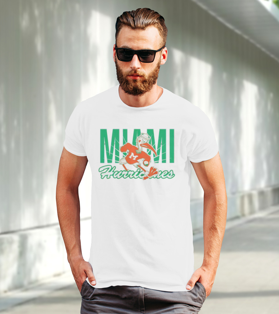Miami Hurricanes Sebastian The Ibis Mascot With Bold Lettering T-Shirt