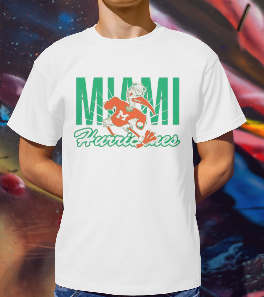 Miami Hurricanes Sebastian The Ibis Mascot With Bold Lettering T-Shirt