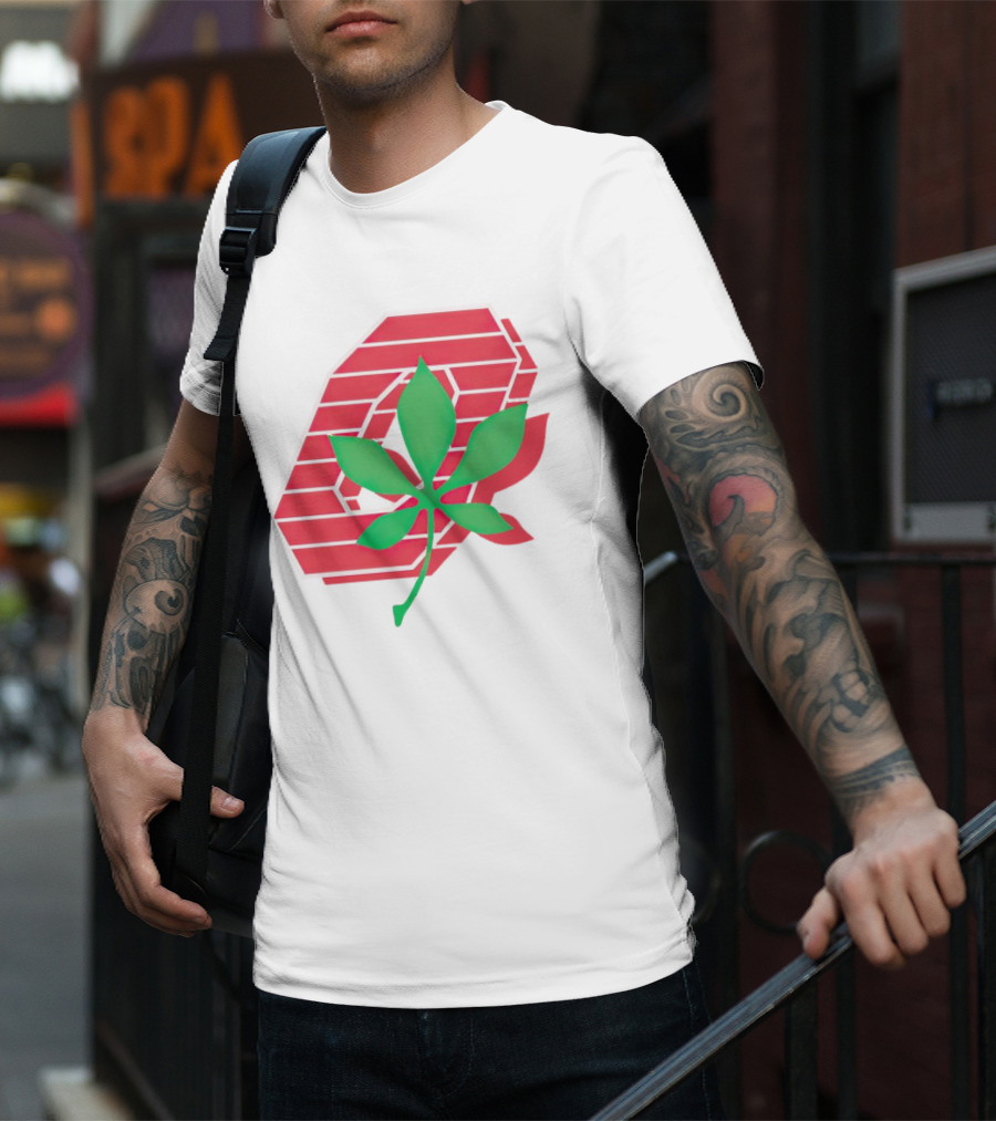 Ohio State Buckeyes Scarlet And Gray O With Green Leaf Emblem T-Shirt