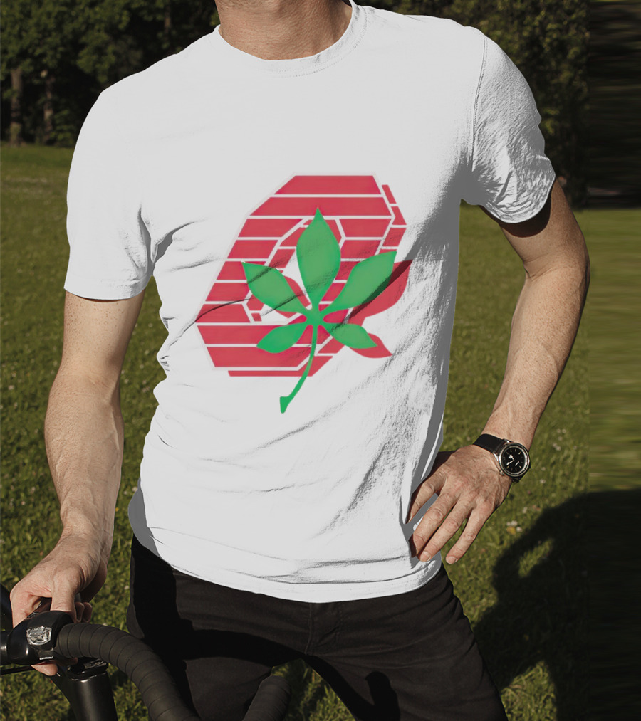 Ohio State Buckeyes Scarlet And Gray O With Green Leaf Emblem T-Shirt
