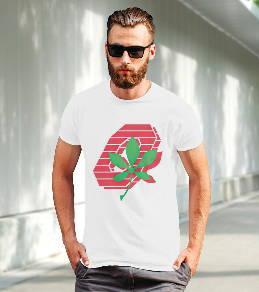 Ohio State Buckeyes Scarlet And Gray O With Green Leaf Emblem T-Shirt