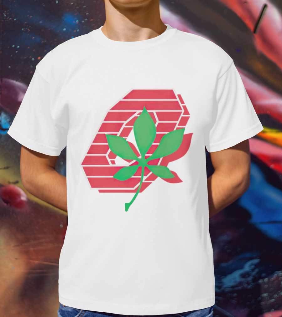 Ohio State Buckeyes Scarlet And Gray O With Green Leaf Emblem T-Shirt