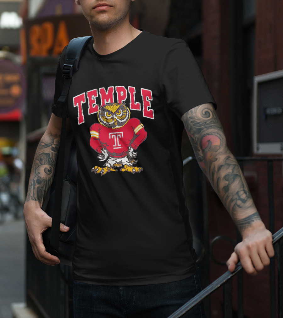Temple Owls Football Mascot In Red Jersey With Bold Temple Text T-Shirt