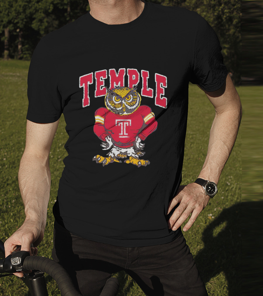 Temple Owls Football Mascot In Red Jersey With Bold Temple Text T-Shirt