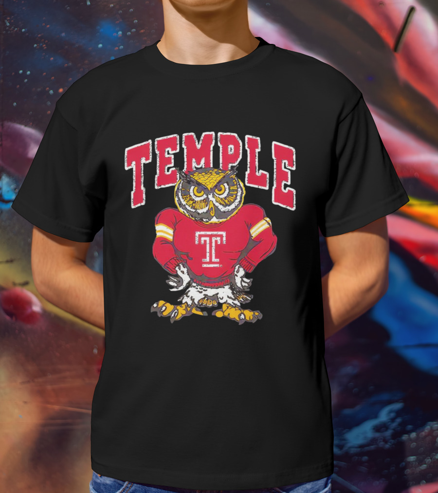 Temple Owls Football Mascot In Red Jersey With Bold Temple Text T-Shirt
