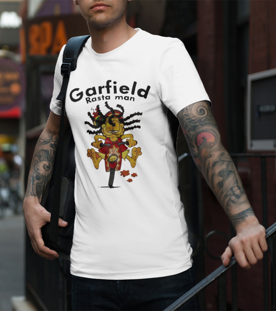 Garfield Rasta Man Dreadlocks Bicycle Whimsical Fun T-Shirt